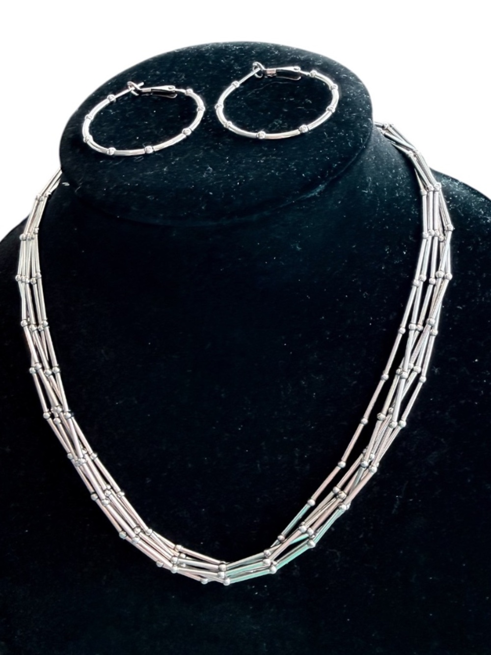 Silver‑Tone Bamboo Link Necklace & Hoop Earring Set